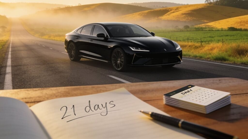 A black sedan on an open country road at sunrise, with a notebook reading 21 days on a wooden table in the foreground